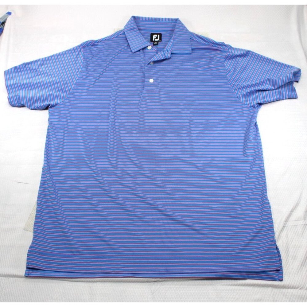 Footjoy Mens Large Blue & Pink Striped Golf Polo Shirt 88% Polyester 12% Spandex